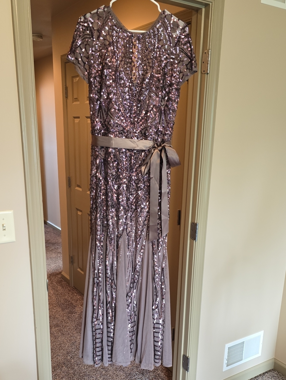 R&M Richards Lavender Sequin Maxi Dress with Satin Waist Tie